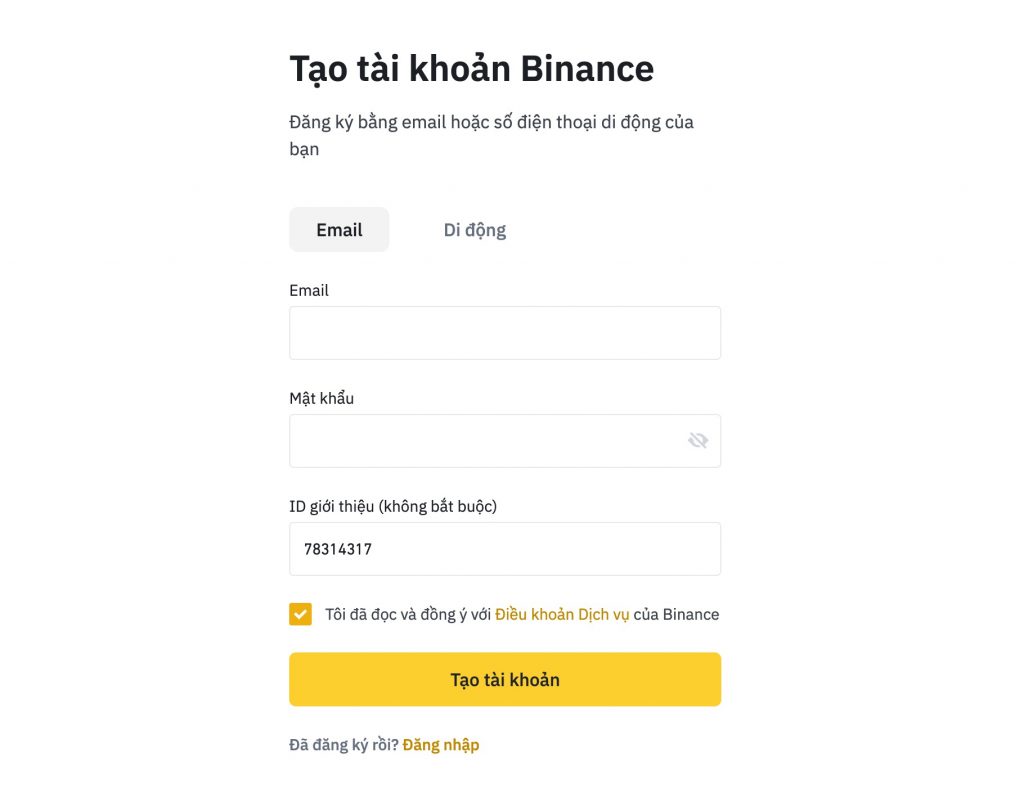 tạo tài khoản binance